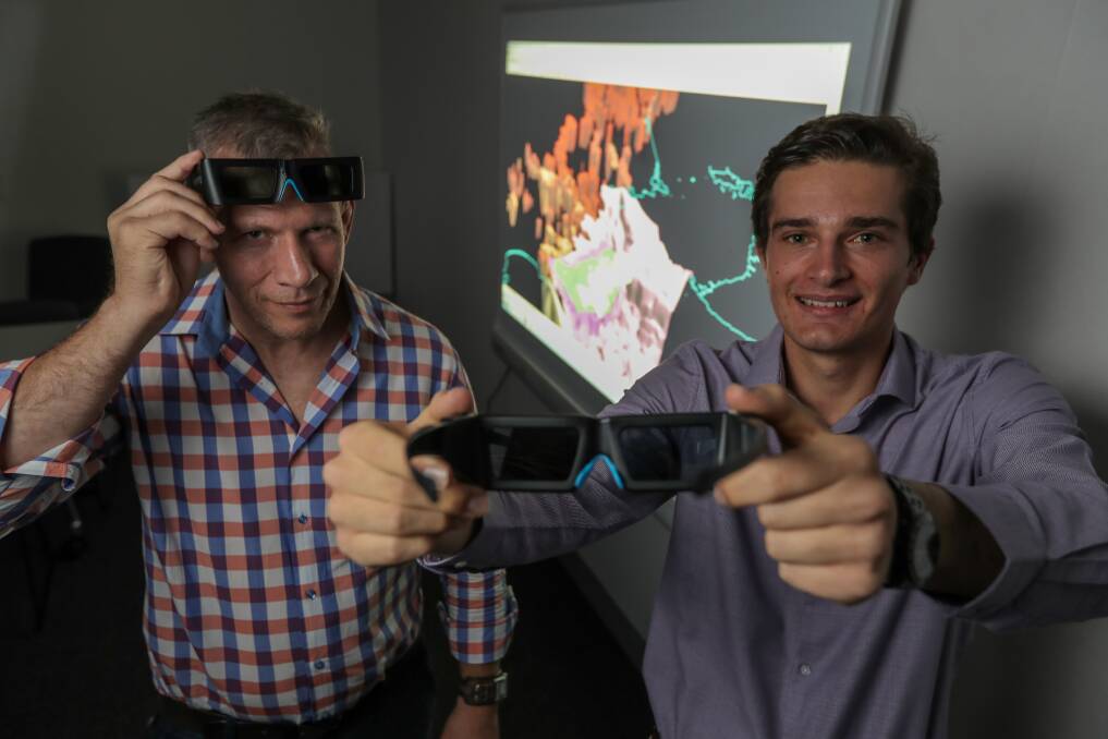 SEE IN 3D: The Victorian Gas Program's Grant Clarke and geologist Aleks Vujovic will teach people about geology using technology this week. Picture: Rob Gunstone
