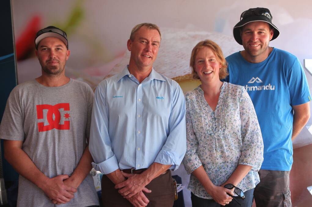 At the field days: ANZ's Mark Bennett, second from left, with Steven Wood, left, and Boorcan dairy farmers Theres and Jamie Drake.