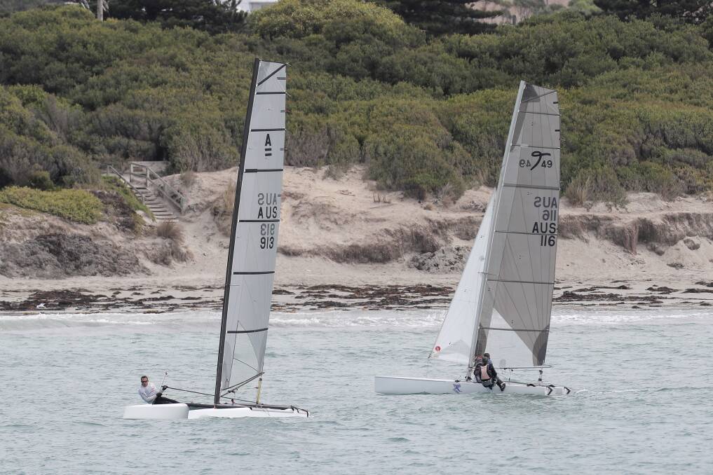 Warrnambool's Jon Goodall starts to tack, as Portland's Brad Hein and Tim O'Toole catch up. Picture: Rob Gunstone