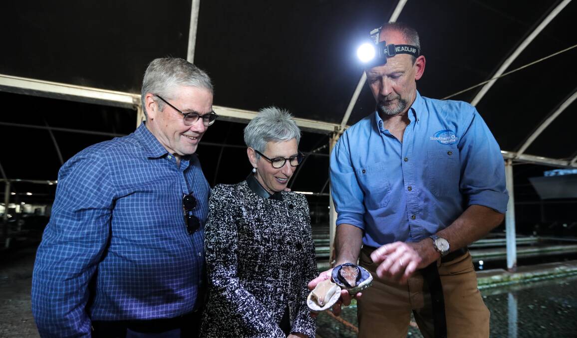 CHECKING IT OUT: Anthony Howard, Victorian Governor Linda Dessau, and Southern Ocean Mariculture's Mark Jervis examine some mature abalone. Picture: Rob Gunstone