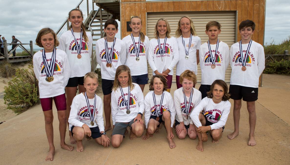 SUCCESSFUL: Warrnambool Surf Lifesaving Club's junior state title medalists pose with their new bling. Picture: Christine Ansorge