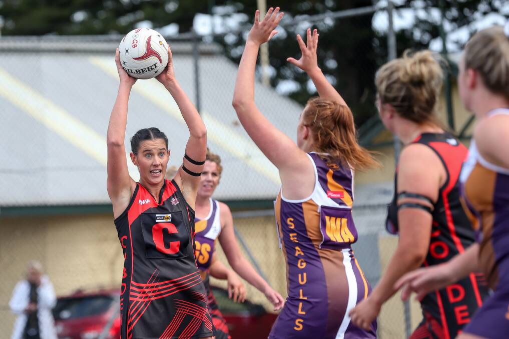 Soaring: Cobden centre Sophie Barr again played a vital role for the Bombers in their win against Camperdown on Saturday. Picture: Christine Ansorge