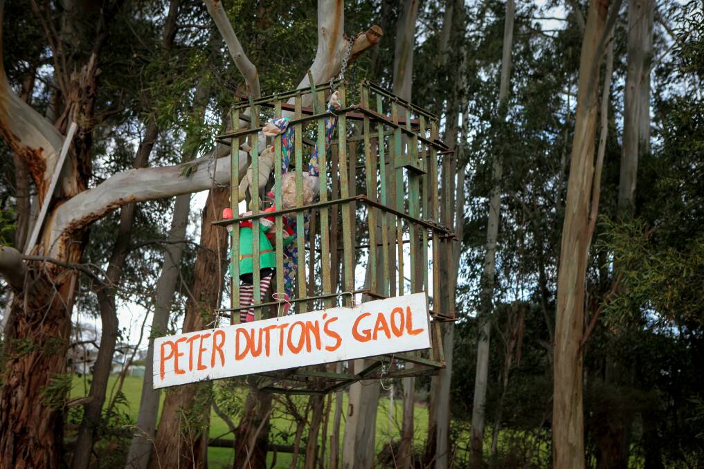 Hanging High: Peter Dutton's Gaol, hung in a tree along the Timboon-Nullaware Rd. Picture Kate Zwagerman