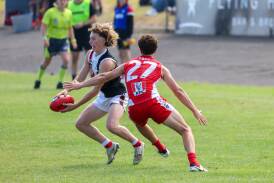 Koroit teenager Jett Grayland gathers the ball in his Hampden league senior debut on Good Friday. Picture by Eddie Guerrero 