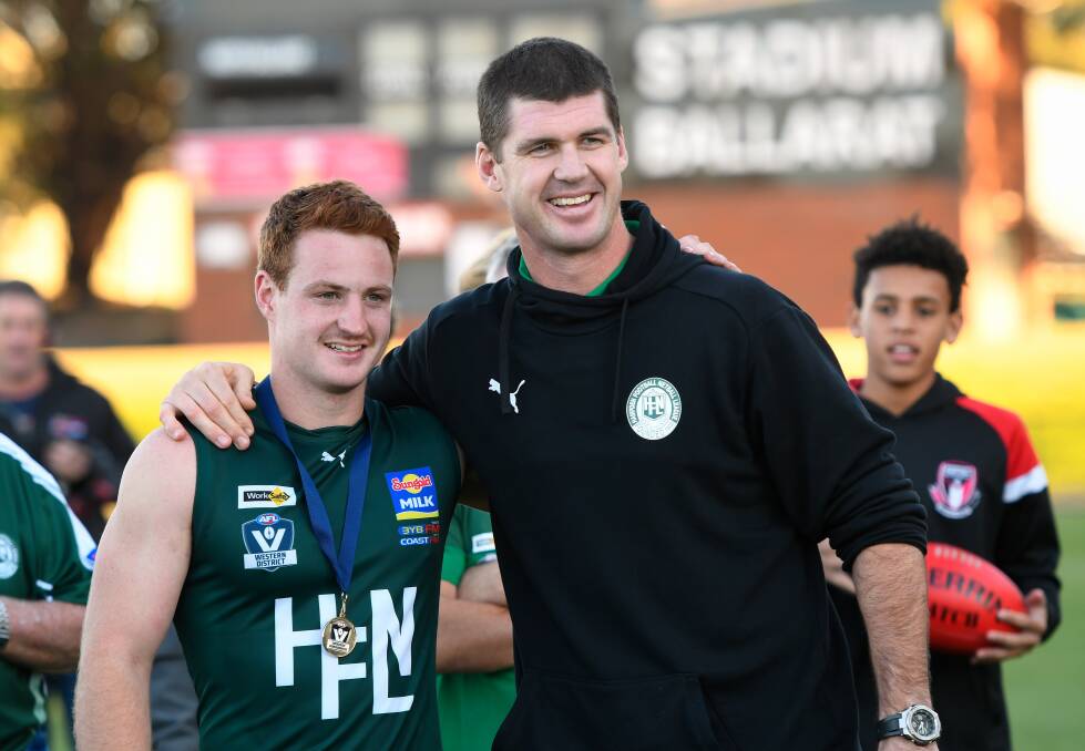 Kaine Mercovich was best on ground for Hampden in a 2019 interleague match. He is pictured with AFL great and Bottle Greens coach Jonathan Brown. Picture by Adam Trafford 