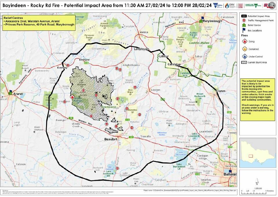 The map of potential impact areas for Wednesday from the current Bayindeen - Rocky Road Fire