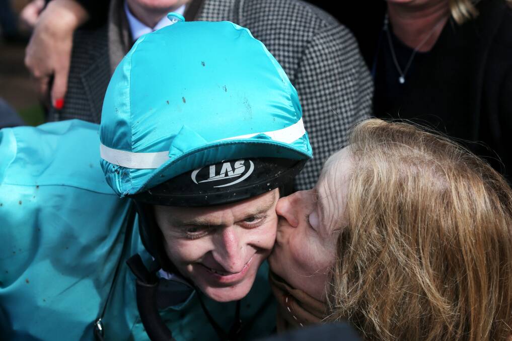 Racing's first lady Gai Waterhouse celebrated her first major jumps success with a kiss after Warrnambool jockey Brad McLean guided Valediction to victory in the Brierly Steeplechase. Picture: Rob Gunstone