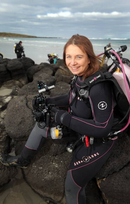Diving in: Underwater photographer/videographer PT Hirschfield joined divers at South Beach in Port Fairy for International Womens Dive Day. Picture: Rob Gunstone 