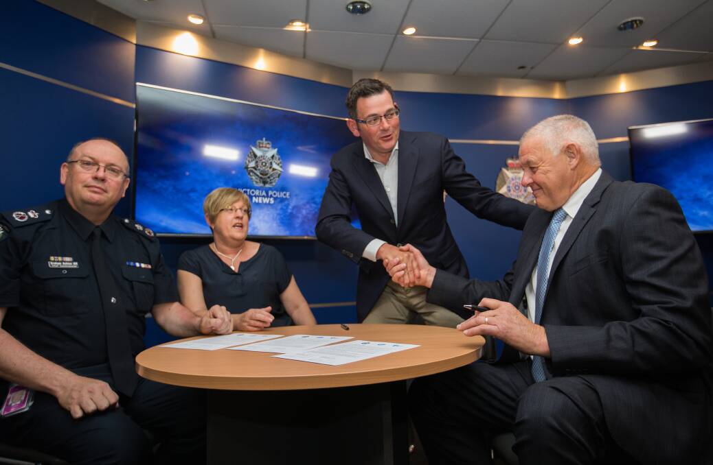 Premier Daniel Andrews announces new police funding with Police Commissioner Graham Ashton, Minister for Police Lisa Neville and Police Association secretary Ron Iddles. Picture: Simon Schluter