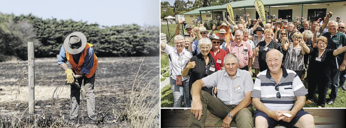 Thanks a million: A BlazeAid volunteer at work after the fires; volunteer Barry Veale and farmer Sam Usher have become great mates; and some of the many volunteers.