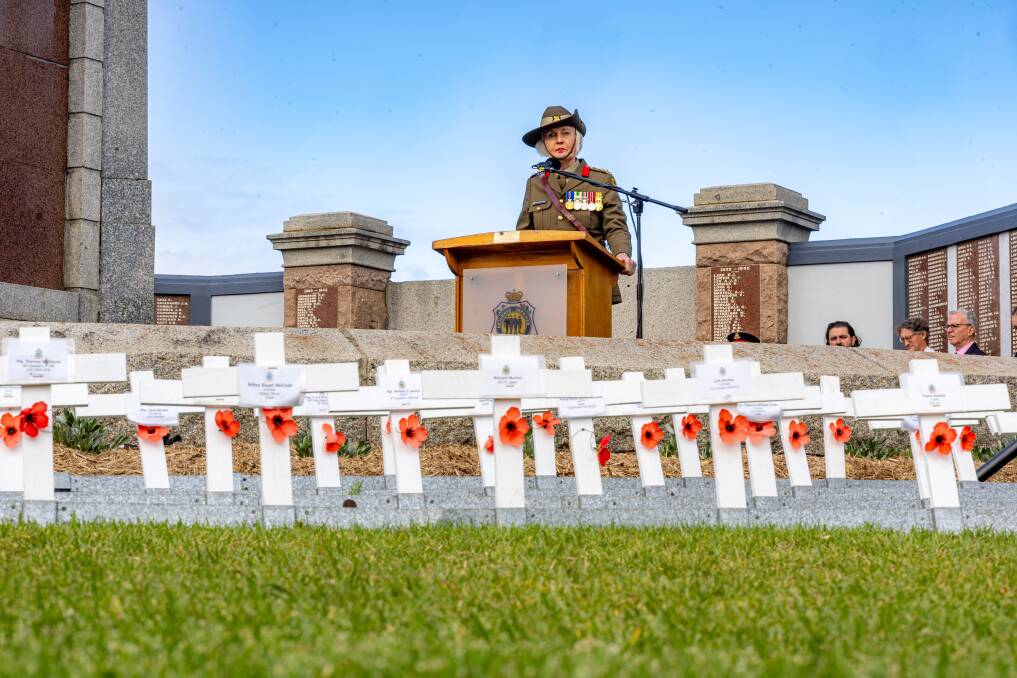 Colonel Catherine McGregor addressed the Anzac Day service in Warrnambool. Picture by Eddie Guerrero