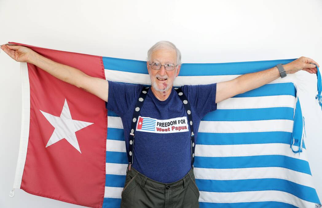 Flying the Flag: Warrnambool's John Gratton Wilson is using his retirement to campaign for a free West Papua. Picture: Rob Gunstone 