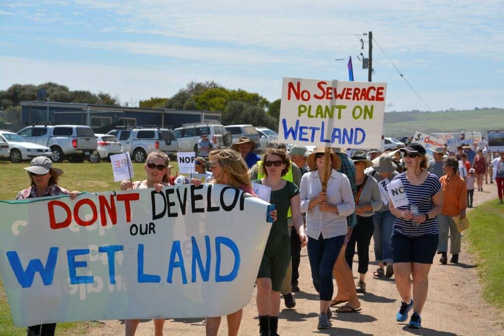 Protesters march from the Princetown Recreation Reserve to the township.