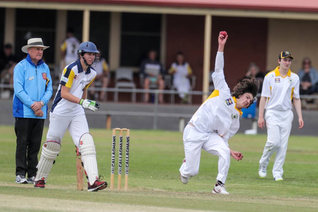 GOOD DELIVERY: Warrnambool bowler Jackson Grundy slings the ball down the pitch to his Horsham-West Wimmera opponent. 