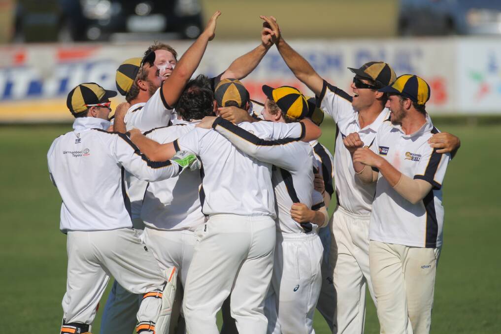PARTY TIME: Woodford players celebrating the last wicket which gave them the 2016-17 division one premiership. Picture: Morgan Hancock