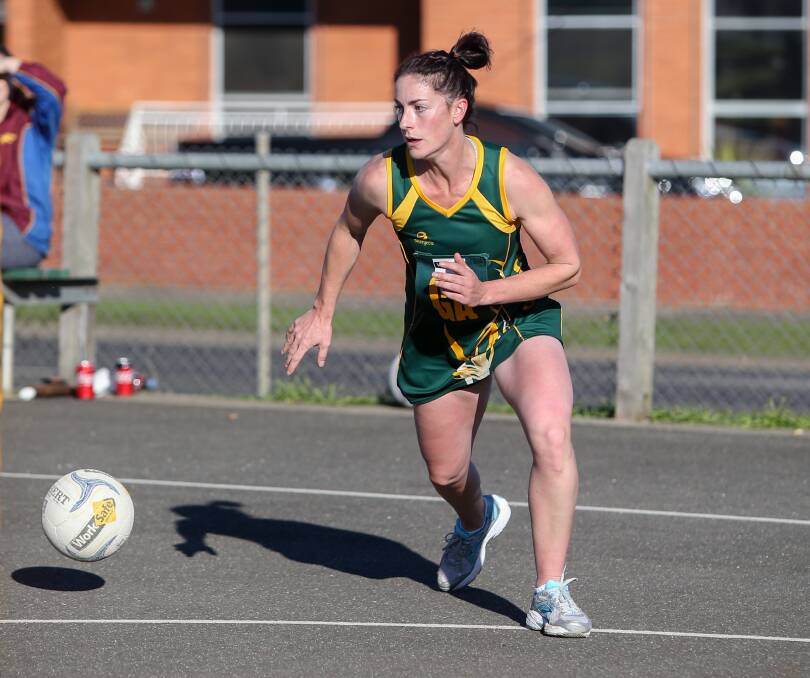 ON THE CHASE: Old Collegians' goal attack Rebecca Kavanagh chases a loose ball. The Warriors play off against Russells Creek in an important clash on Saturday. Picture: Amy Paton
