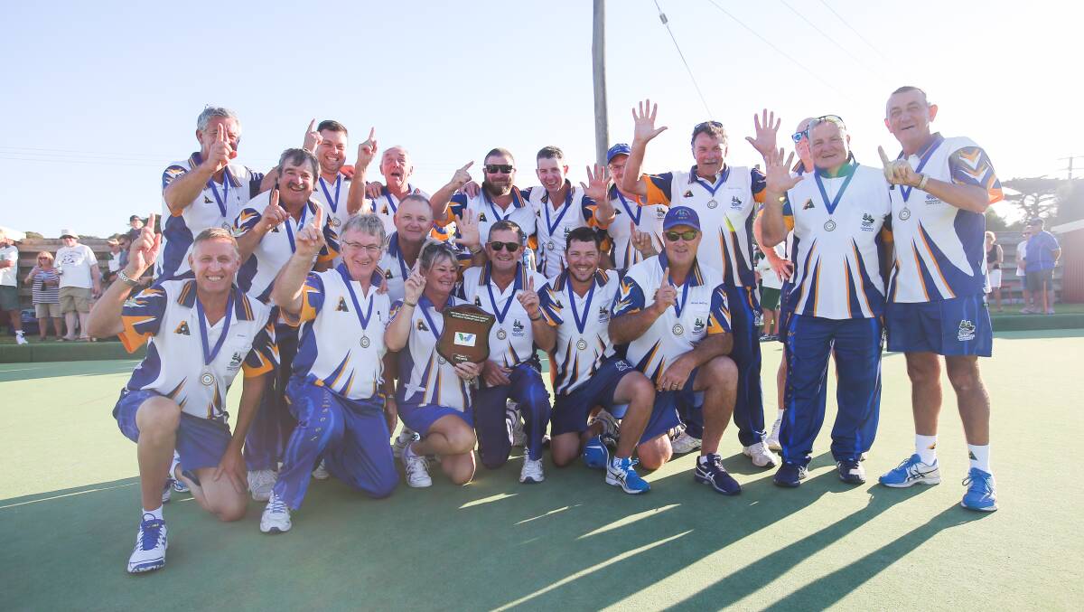 FIVE TIME: Warrnambool Bowls Club members celebrating the division one premiership win in the WDBD Saturday pennant grand final. Pictures: Morgan Hancock