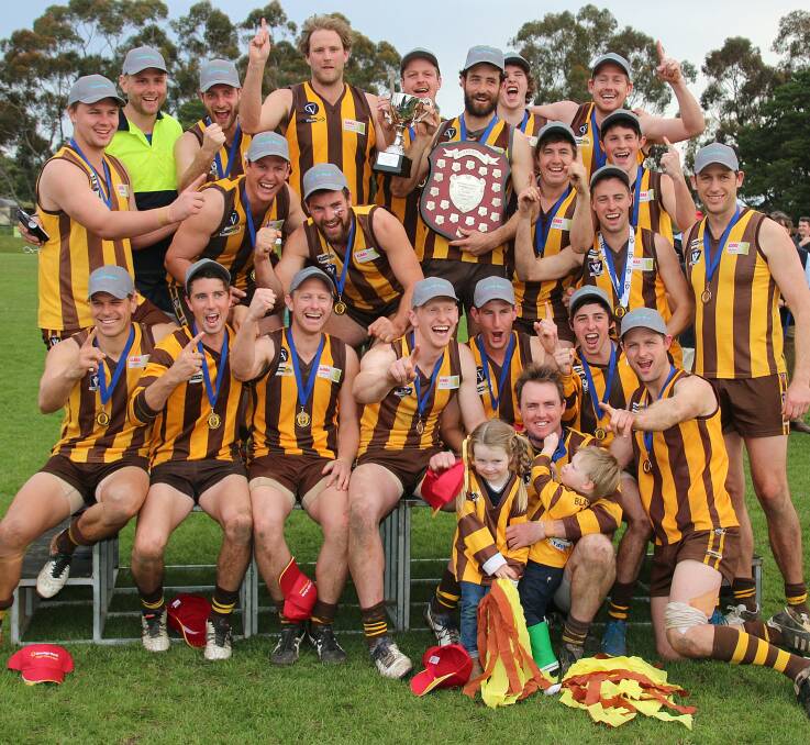 FLYING HIGH: Tatyoon's senior side celebrate a rousing premiership victory over Wickliffe Lake Bolac. Pictures: Tracey Kruger