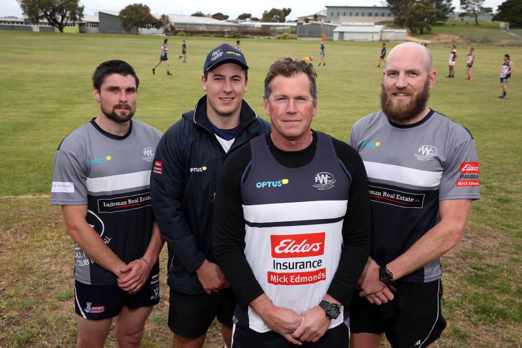 LEADERS: Brad Bull,
captain Sam Cowling,
coach John Cook and
assistant coach Dan
Weymouth. Picture:
Rob Gunstone