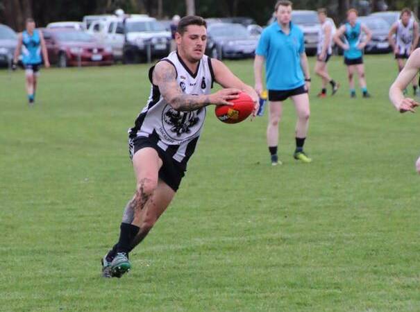 STEP UP: Wickliffe-Lake Bolac's Harley Hunter kicks the ball. The Magpies are set to meet Lismore Derrinallum in Saturday's Mininera and District football grand final. Picture: Tracey Kruger.
