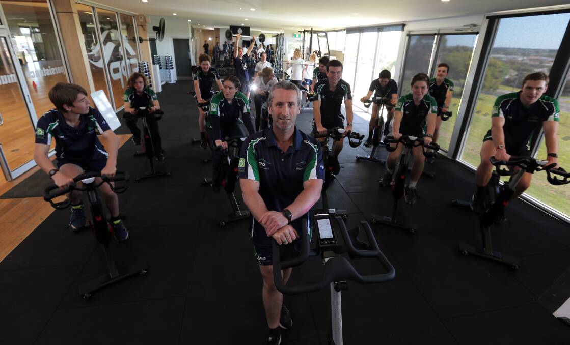 CLASS ACT: Warrnambool College students and teacher Adam Matheson in the school's new high performance centre. Picture: Rob Gunstone
