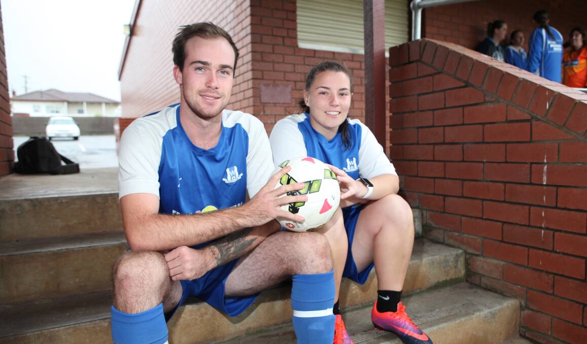 RARING TO GO: Warrnambool Rangers defender Liam Priestley and women's player Ebony Smith are ready for soccer to resume in the region. Picture: Nick Ansell