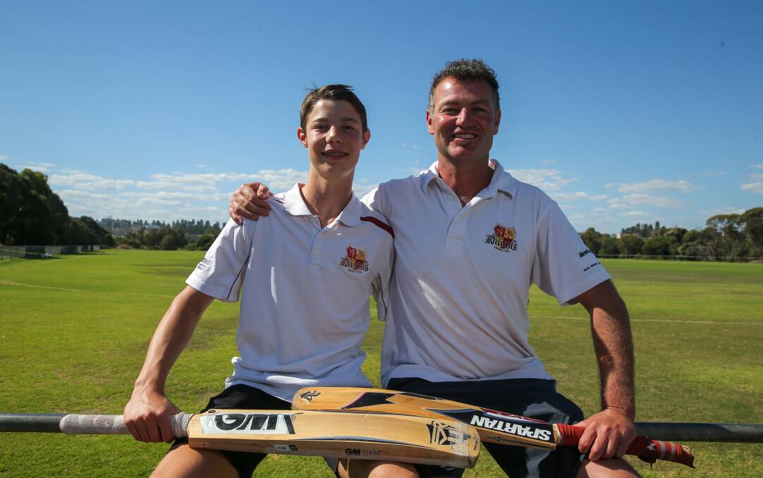 BIG DAY: Jackson Couch, 15, and his dad Corey Couch have both scored tons batting together for Nirranda's division three team. Picture: Rob Gunstone