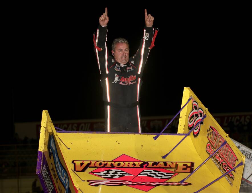 TOP VICTORY: David Murcott celebrates after securing the Victorian Sprintcar Title at Premier Speedway on Saturday night. Pictures: Robert Lake