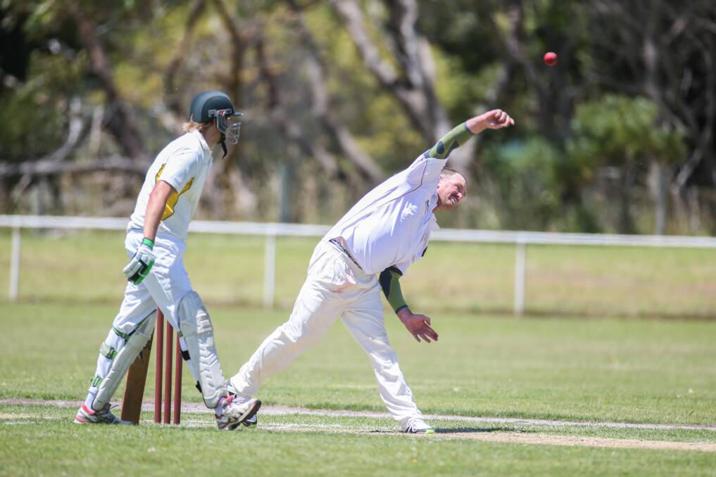 Nirranda bowler Jason Mungean sends another delivery down at the club's Port Campbell facility. Picture: Amy Paton