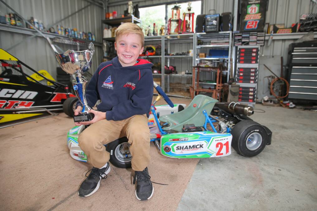 ALL SMILES: Cobden's Rusty Ponting secured victory in the South West Kart Club's Victorian Country Series round two event in the cadet nine class. Picture: Morgan Hancock