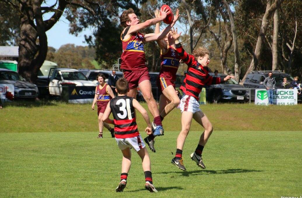 GRAB OF THE DAY: Glenthompson-Dunkeld's Matt Fry launches to take a stunning mark over the top of Penshurst players. 