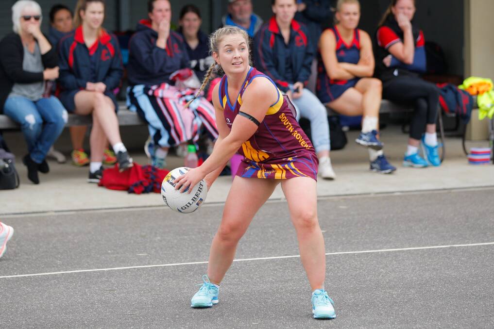  PASS IT OFF: South Rovers' wing attack and playing coach, Lisa Pender, looks for options against Timboon Demons.