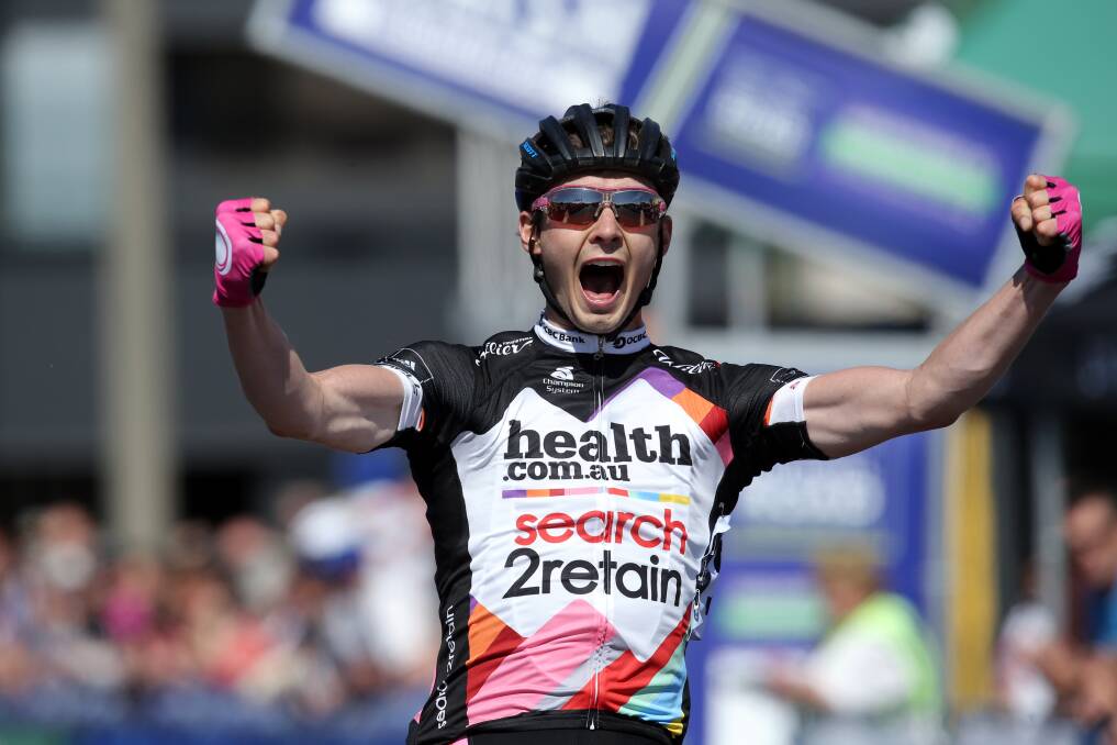 REPEAT FEAT: Oliver Kent-Spark, pictured in 2014 after crossing the line victorious, is hoping to win the 2017 Anchor Point Melbourne to Warrnambool Cycling Classic.
