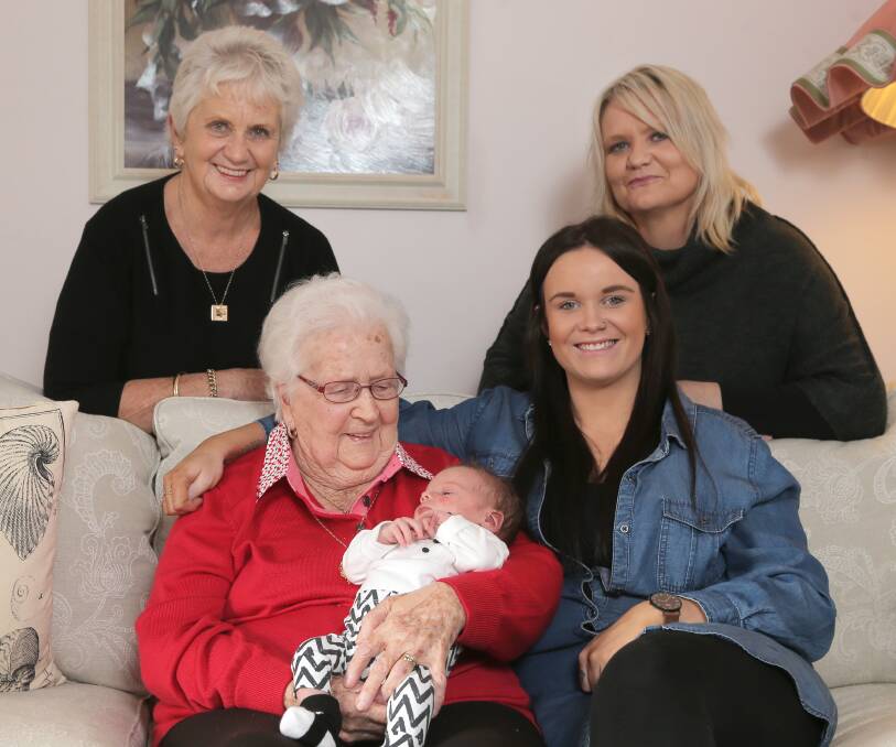 Five generations:  Karolyn Templeton, Norma Riddle, 99, baby Archie Lane, three weeks, Mollie McLean and Jodie Templeton share a unique bond. Picture: Rob Gunstone