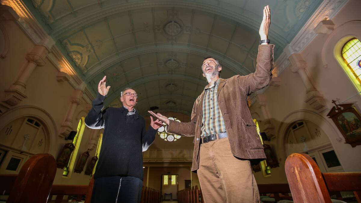 Hit the roof: Crossley Men's Shed co-ordinator Michael Lane and concert organiser Phillip Shaw hope their vocal event will help raise enough money to make much-needed repairs on the church roof. Picture: Amy Paton