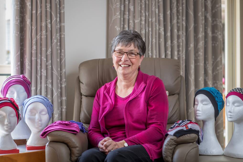 Coping: Warrnambool mother-of-three Marg Cope has been raising funds for Peter's Project and other breast cancer foundations by creating chemo hats for patients undergoing treatments. Picture: Christine Ansorge.