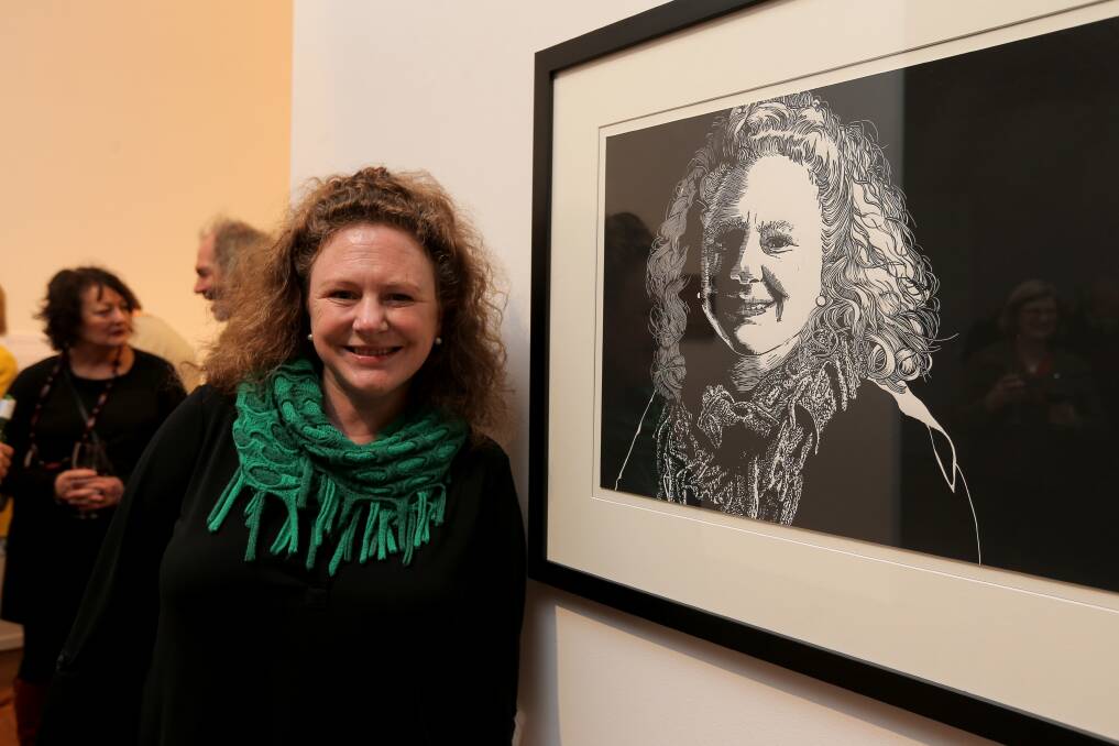 Likeness: Warrnambool City Council Mayor Kylie Gaston proudly posed with her lino cut portrait by Warrnambool artist Andrea Radley at the 2016 Warrnibald Art Prize.