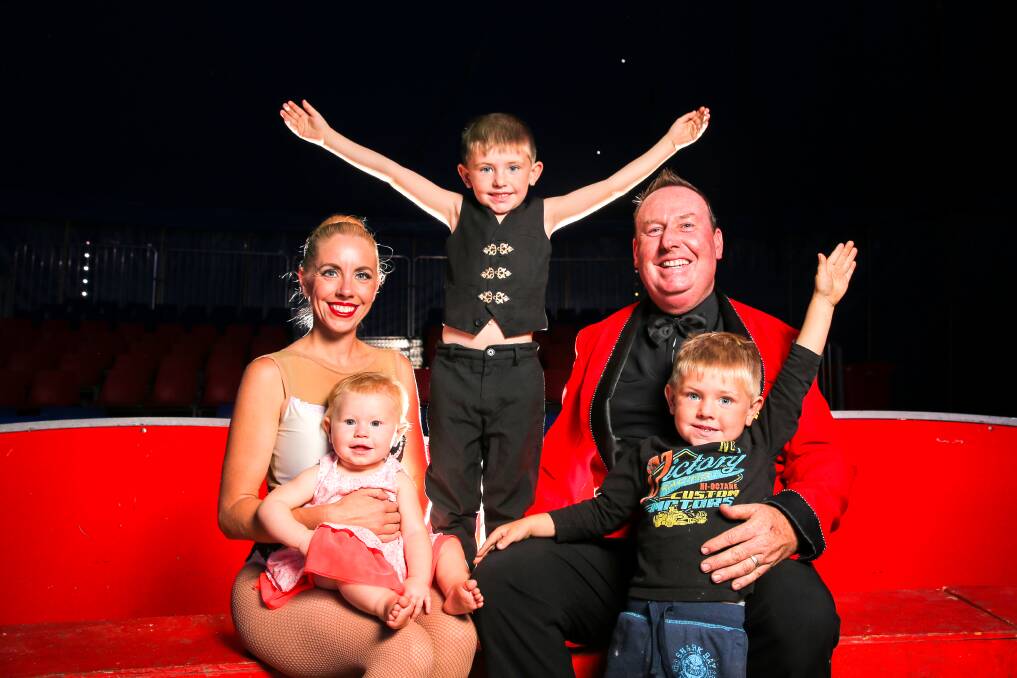 Family affair: Fifth & sixth generation circus family Nancy, daughter Gisele, 1, Hudson, 5, and ringmaster Shane Lennon, with Denver, 3, love life under the big top.