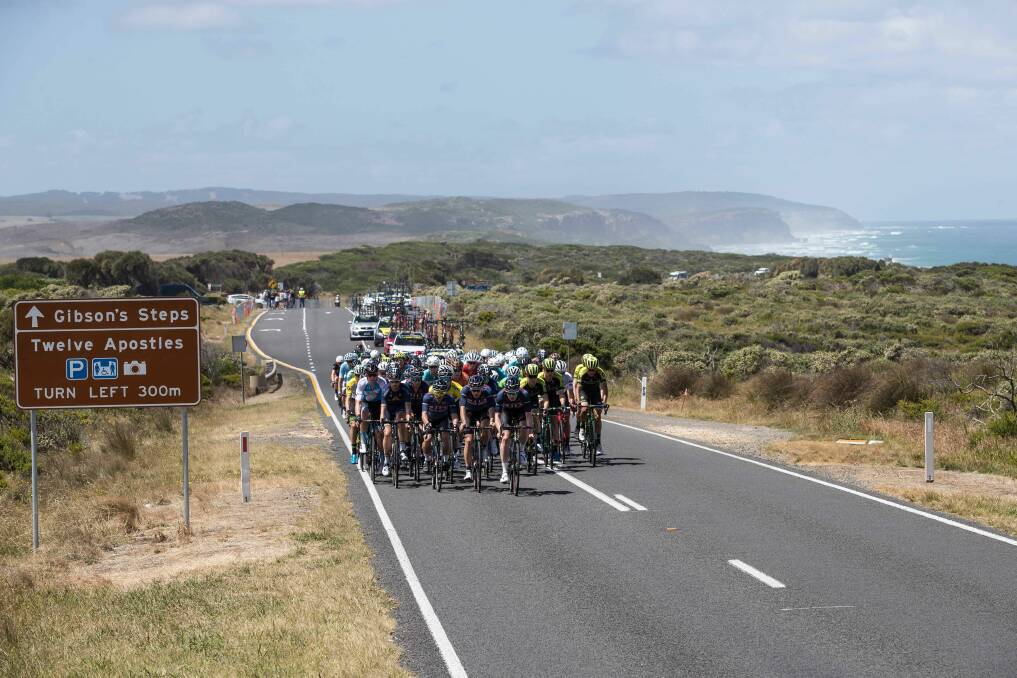 Great shot: Riders race down the Great Ocean Road. Picture: Con Chronis