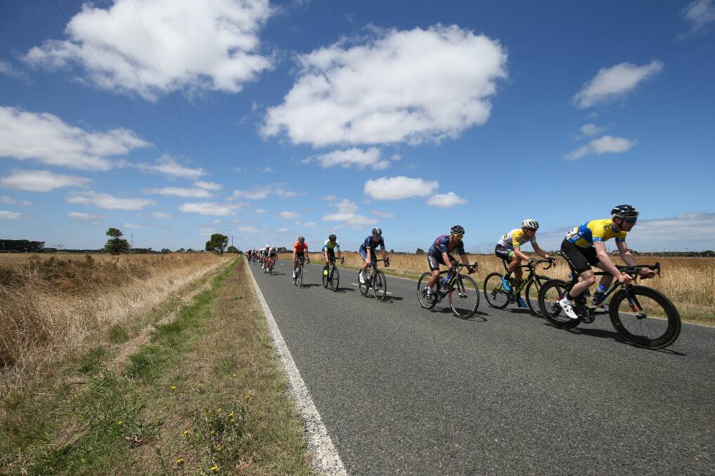 On the road: Riders power their way towards Warrnambool during Thursday's stage of the Jayco Herald Sun Tour. Picture: Con Chronis