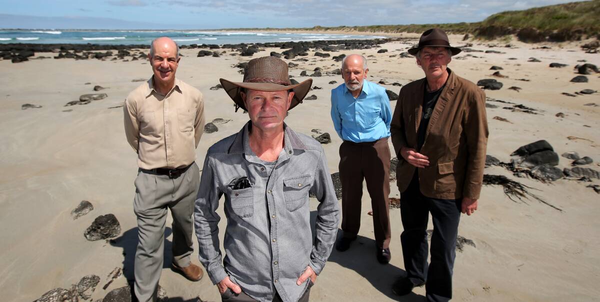 Monitoring: Former Federal MP Kelvin Thomson, Killarney resident Bill Yates, Port Fairy's Allan Thomson, and BCRAG's Shane Howard discussed horse access issues at at Mills Reef earlier this week. Picture: Rob Gunstone