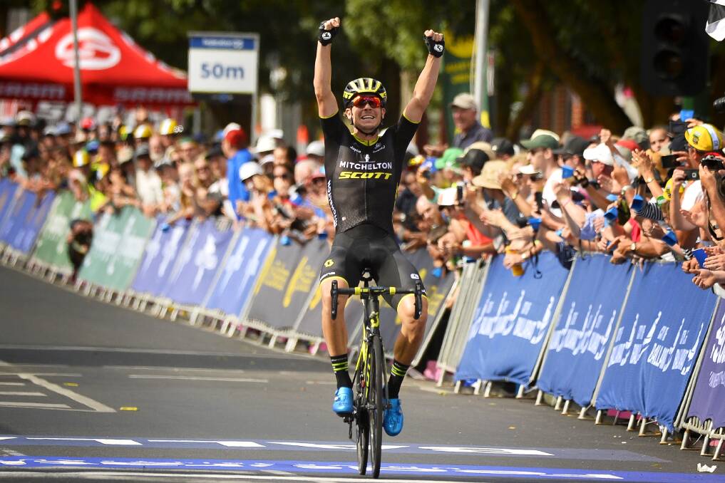 ONE TO WATCH: Look out for Alex Edmondson in the green and gold jersey of the national road champion. The jersey he is wearing in this photo is the colours of his Mitchelton-Scott team.