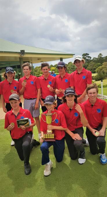 NEW BLING: (Back l-r) Saige Perry, Will Mackenzie, Daniel Battista, Logan Lilley, Noah Best, (front) Josh Brown, Tayne Perry, Jai Casamento, Noah McLeod pose with the Victorian Country Championships nett handicap trophy.