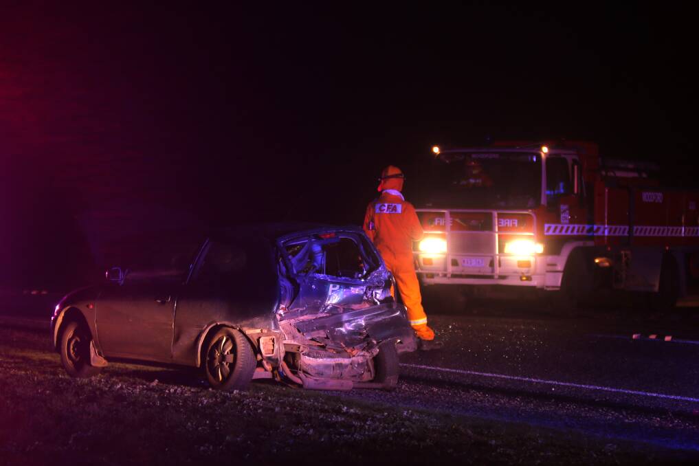 A Mitsubishi that was involved in a accident that closed Caramut Road on Friday night. Picture: Rob Gunstone