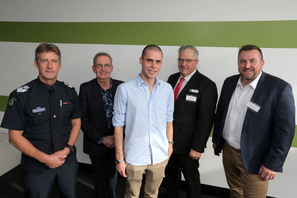 Senior Sergeant Steve Thompson, Warrnambool Police, Geoff Soma, WRAD, recovering ice addict Michael P, Moyne Shire Mayor Cr Colin Ryan, and group ambassador Matty Stewart at the Great South Coast ICE Challenge Community Action Summit in May this year. Picture: Rob Gunstone