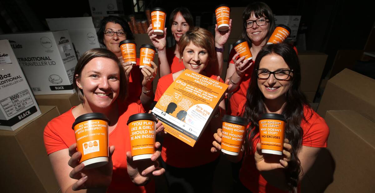 Powerful message: Coffee cups to be used in a gender-based violence campaign by the Women's Health and Wellbeing Barwon South West team. Picture: Amy Paton