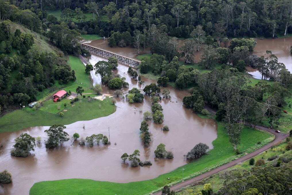 The swollen Curdies River near the Railway Bridge during the September floods. Picture: Rob Gunstone