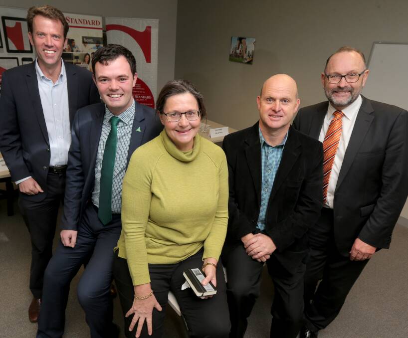 Nearly there: Dan Tehan (Liberal Party), Thomas Campbell (The Greens), Bernardine Atkinson (independent), Michael McCluskey (independent) and Michael Barling (Labor Party). Picture: Rob Gunstone