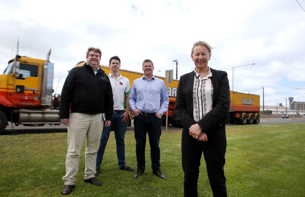 Welcome funds: Port of Portland CEO Jim Cooper, Edward Williamson from Port Haul, Glenelg Shire CEO Greg Burgoyne and Glenelg Shire Mayor Anita Rank out the front of the Port of Portland. Picture: Amy Paton