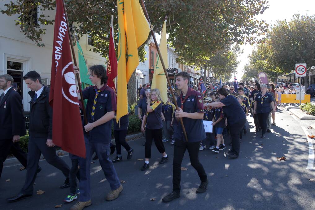 Warrnambool Scouts participating in the 2016 ANZAC march. Picture: Rob Gunstone